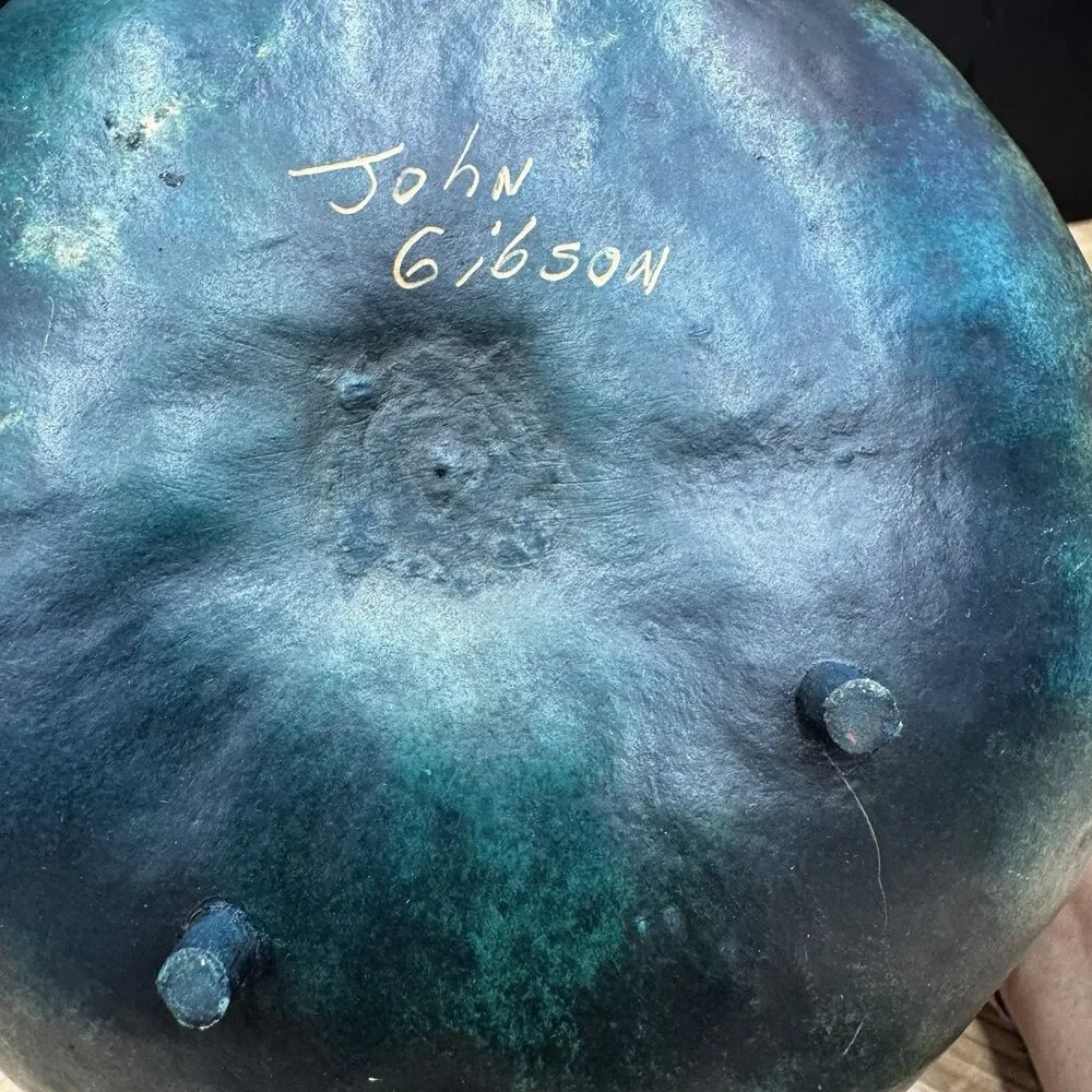 John Gibson Signed Artisan Gourd Vessel Hand Painted Studio Pottery Folk Art